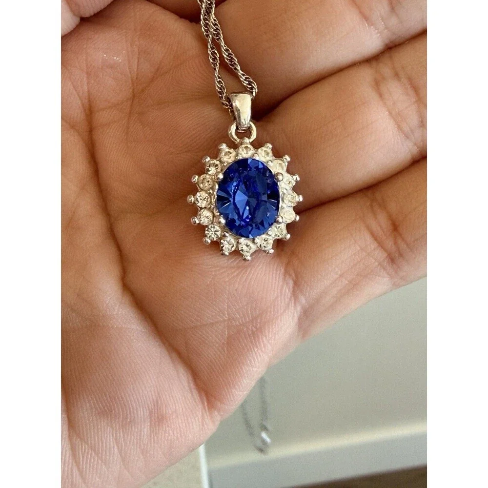 925 Sterling Silver CZ Blue Sapphire Ring Earrings Pendant Necklace Set